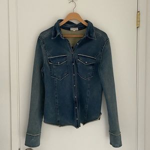 Denim stretch top (shirt, jacket)embossed dark metallic faux leather back. LARGE